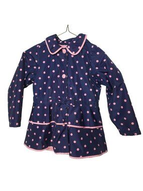 London Fog Girls 6X Hooded Jacket Raincoat Navy Pink Polka Dot Fleece Lined